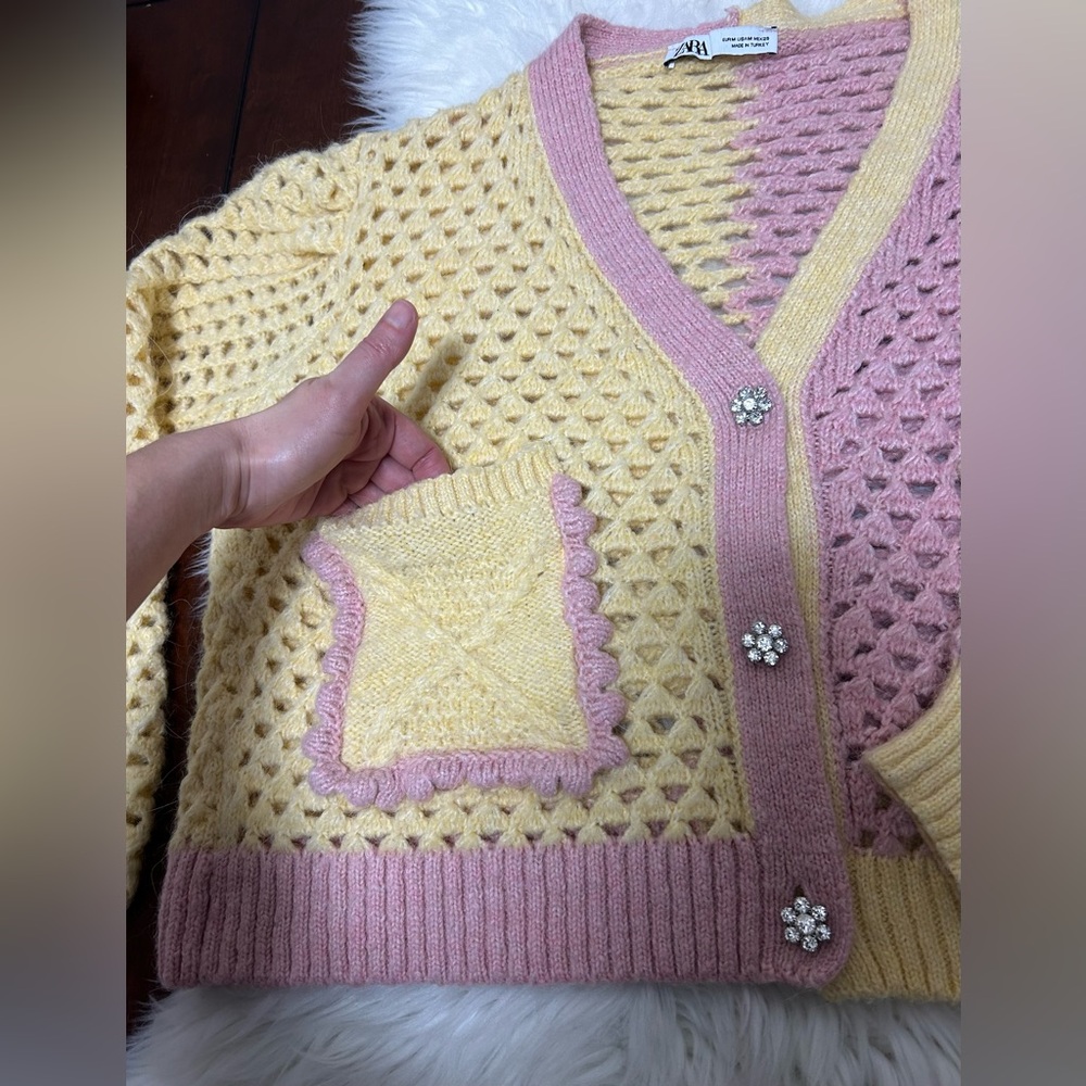 Zara Pastel Yellow and Pink Crochet Cardigan - Picture 11 of 16